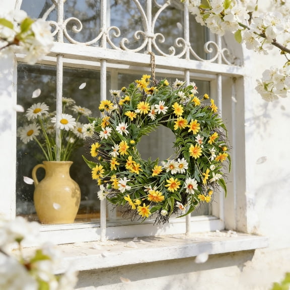 PLPPYFS Artificial Peony Flower Wreath - Flower Door Wreath Spring with Green Leaves, Artificial Wild Daisy Flowers with Berry Accents, Spring and Summer Door Wreath for Indoor Outdoor Decor