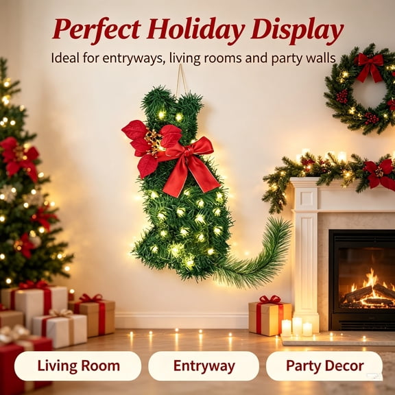 PLPPYFS Christmas Cat Shaped Wreath, Warm LED Artificial Greenery Wreath with Red Bow and Poinsettia, Whimsical Cat Silhouette Hanging Ornament for Front Door, Wall, Entryway Home Holiday Decor