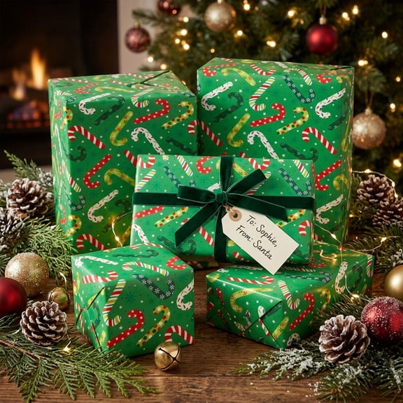 PLPPYFS Christmas Cute Pastel Style Wrapping Paper Roll, Playful Xmas Print with Snowman, Candy Cane & Pink‑Striped Christmas Tree, Recyclable Gift Wrap for Holiday Presents & Festive Gift‑Giving