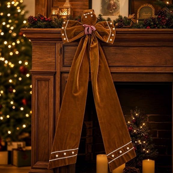 PLPPYFS Christmas Gingerbread Man Velvet Decor Bow, 78.7 inch Large Brown Embroidered Bow Ornament for Fireplace Mantel, Christmas Tree, Wreath, Gift Wrapping and Winter Seasonal Home Decor