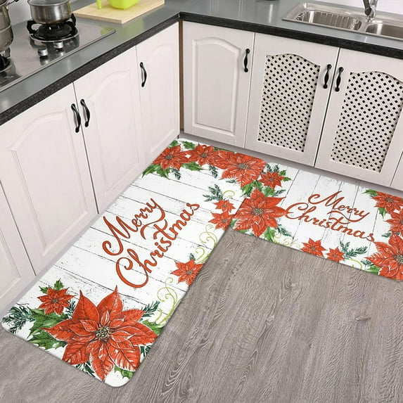 PLPPYFS Christmas Kitchen Rugs, Set of 2 Kitchen Floor Mat Christmas Decorations for Home, Non-Slip Anti Fatigue Kitchen Mats, for Christmas Kitchen Decor Laundry Office Sink 16"x47"+16"x24"