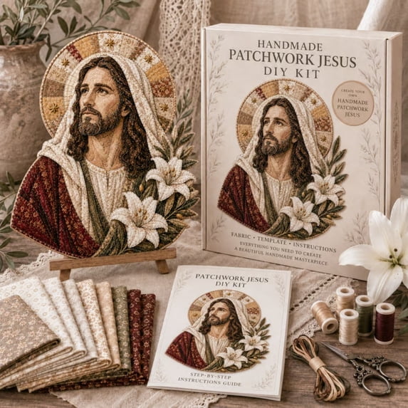 PLPPYFS Christmas Patchwork Fabric DIY Decor Kit, Jesus Patchwork DIY Sewing Kit, Sewing Craft Set with Pre Cut Fabric Pieces, Rustic Farmhouse Ornament Making Supplies for Seasonal Home Decor