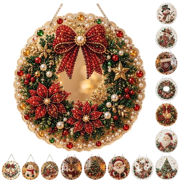 PLPPYFS Christmas Pearl Diamond Art Suncatcher Kit Hanging Ornament, Christmas Pearl Art Kit for Adults, DIY Pearl Diamond Art Suncatcher with 3D Mixed-Size Beads, Christmas Home Decor Gift