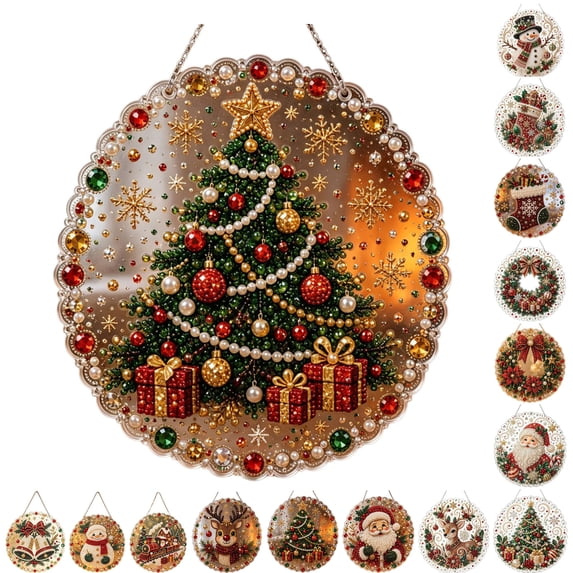 PLPPYFS Christmas Pearl Diamond Art Suncatcher Kit Hanging Ornament, Christmas Pearl Art Kit for Adults, DIY Pearl Diamond Art Suncatcher with 3D Mixed-Size Beads, Christmas Home Decor Gift