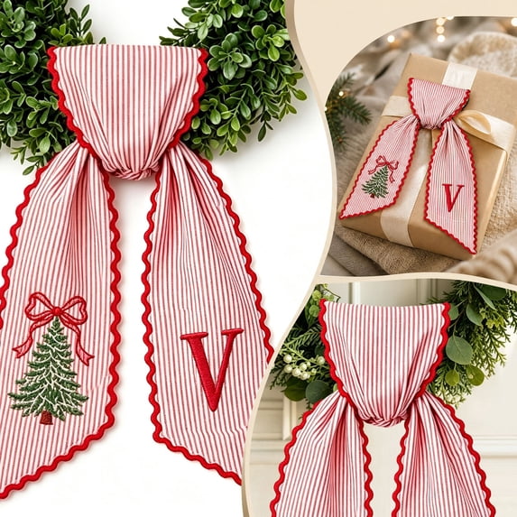 PLPPYFS Christmas Wreath Sash, Pink Striped Letter Wreath Bow Sash with Embroidered Christmas Tree, Scalloped Red Edge Holiday Wreath Decor, Front Door Wreath Sash Decoration