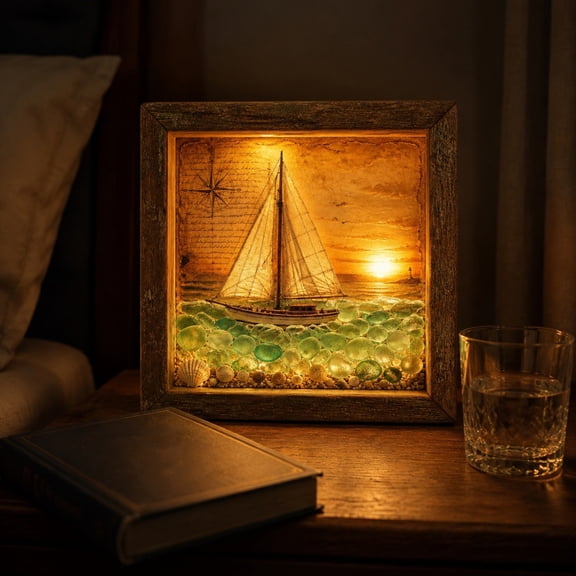 PLPPYFS Coastal Lighthouse Sea Glass Shadow Box Night Light, Handmade Coastal Lighthouse Shadow Box with Warm LED Glow for Bedroom, Shelf, Entryway (No Installation Required)