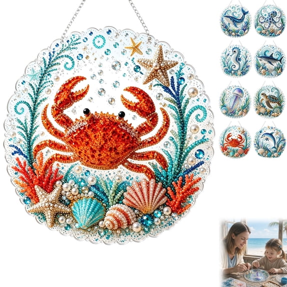 PLPPYFS Crab Diamond Art Kits for Adults, Acrylic Hanging Suncatcher Crab Diamond Suncatcher, Special Shaped Diamonds, Hanging Chain, Complete DIY Craft Tools, Hanging Ornament