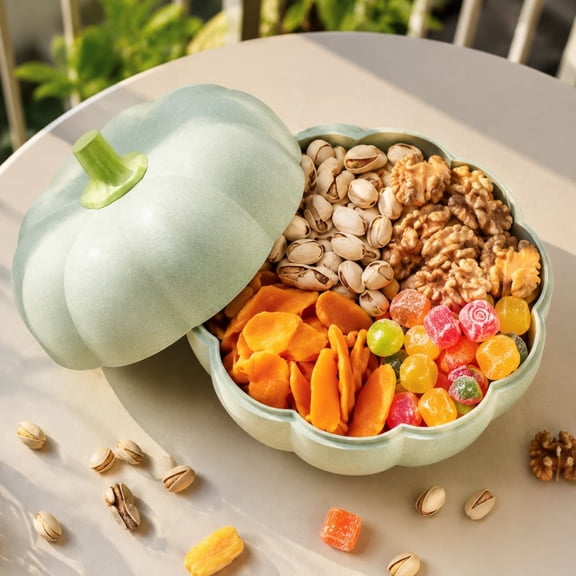 PLPPYFS Cute Fall Halloween Decor PlatterDouble Layer Pumpkin Shaped Snack Serving Tray, Detachable Plastic Fruit Nut Storage Bowl for Coffee Table Party Holiday Family Snack Organizer