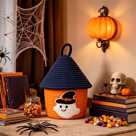 PLPPYFS Cute Ghost Halloween Cotton Rope Storage Basket with Pom Pom Roof Lid, Desktop Woven Organizer Bin, Small Snack Cosmetic Sorting Box, Seasonal Fall Halloween Home Tabletop Decor Basket