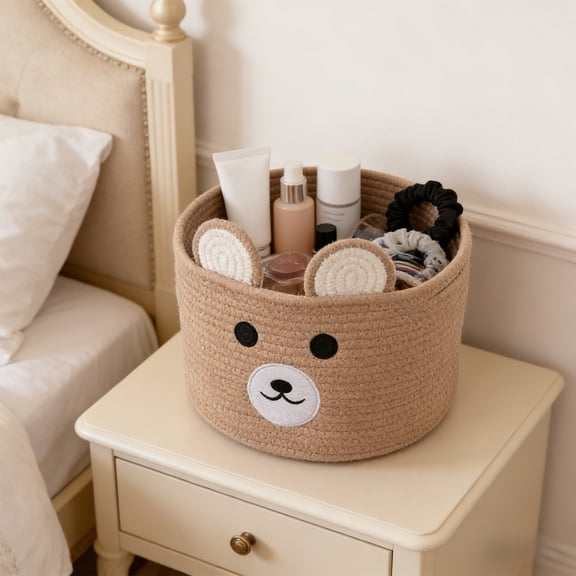 PLPPYFS Cute PandaEar Cotton Rope Basket, Gift Basket Nursery Laundry Organizer with Small Cute Bear Design for Storage Infant Newborn Essentials, Diaper Caddy with Handle