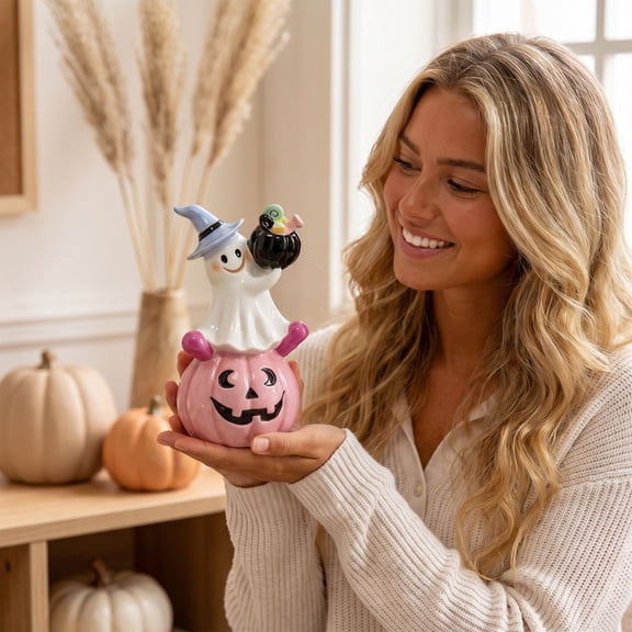 PLPPYFS Cute Pink Pumpkin Ghost Resin Figurine, Witch Hat Ghost Holding Candy Pot Tabletop Ornament, Sweet Pastel Statue for Fall Holiday Party Fireplace Mantel Bedroom Farmhouse Decor