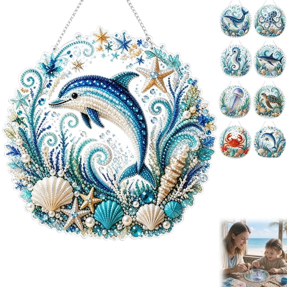 PLPPYFS Dolphin Diamond Art Kits for Adults, Acrylic Hanging Suncatcher Dolphin Diamond Suncatcher, Special Shaped Diamonds, Hanging Chain, Complete DIY Craft Tools, Hanging Ornament