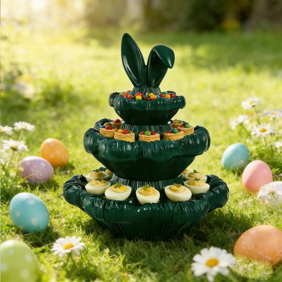 PLPPYFS Easter Tree Deviled Egg Holder, Easter Trees Deviled Egg Platter, Top-Mounted Cute Rabbit Ear Statue Cute Tree Devileds Eggs Tray Serving Plates for Parties 3 Tier Trees Devileds Storage