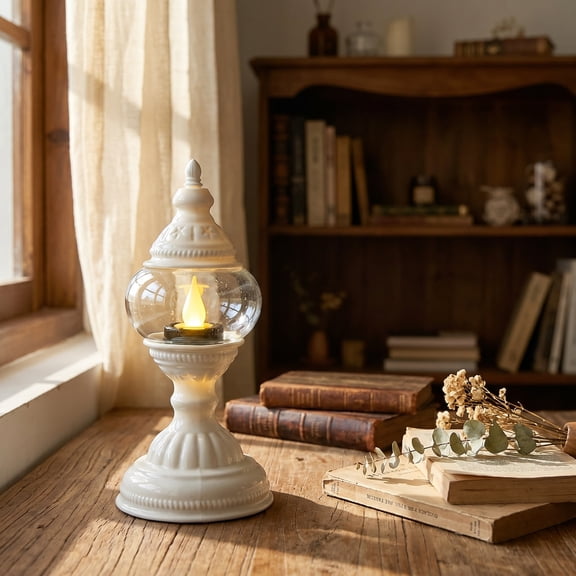 PLPPYFS Embossed LED Flickering Candle Night Light, Retro Mini Table Lantern with Bubble Glass Cover, Safe Flameless Small Ambient Lamp for Bedroom Wedding Dining Holiday Decor