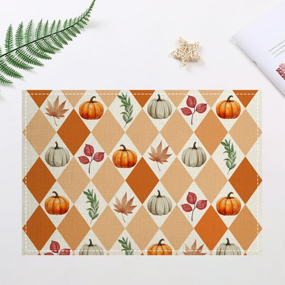 PLPPYFS Fall Pumpkin Maple Leaf Placemats Set of 4, 12x18 Inch Vintage Autumn Rustic Leaves Table Mats Seasonal Fall Thanksgiving Washable Linen Place Mats for Party Kitchen Dining Decor