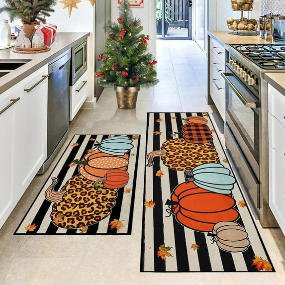 PLPPYFS Fall Thanksgiving Pumpkin Kitchen Rugs Set of 2, Fall Kitchen Mats, Halloween Fall Maple Leaves Leaf Farmhouse Floor Mats and Rugs Non Skid Washable for Kitchen Home Decor 16x24 & 16x47 Inch