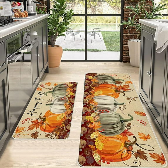 PLPPYFS Fall Thanksgiving Pumpkin Kitchen Rugs Set of 2, Fall Kitchen Mats, Halloween Fall Maple Leaves Leaf Farmhouse Floor Mats and Rugs Non Skid Washable for Kitchen Home Decor 16x24 & 16x47 Inch