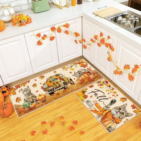 PLPPYFS Fall Thanksgiving Pumpkin Kitchen Rugs Set of 2, Fall Kitchen Mats, Halloween Fall Maple Leaves Leaf Farmhouse Floor Mats and Rugs Non Skid Washable for Kitchen Home Decor 16x24 & 16x47 Inch