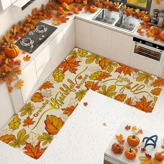 PLPPYFS Fall Thanksgiving Pumpkin Kitchen Rugs Set of 2, Fall Kitchen Mats, Halloween Fall Maple Leaves Leaf Farmhouse Floor Mats and Rugs Non Skid Washable for Kitchen Home Decor 16x24 & 16x47 Inch