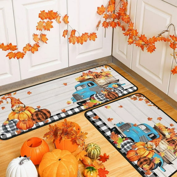 PLPPYFS Fall Thanksgiving Pumpkin Kitchen Rugs Set of 2, Fall Kitchen Mats, Halloween Fall Maple Leaves Leaf Farmhouse Floor Mats and Rugs Non Skid Washable for Kitchen Home Decor 16x24 & 16x47 Inch