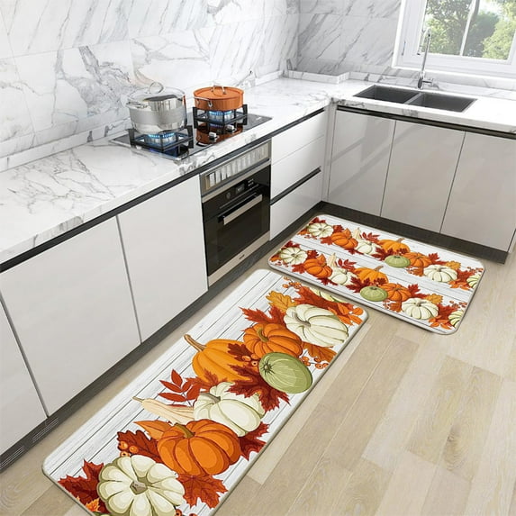 PLPPYFS Fall Thanksgiving Pumpkin Kitchen Rugs Set of 2, Fall Kitchen Mats, Halloween Fall Maple Leaves Leaf Farmhouse Floor Mats and Rugs Non Skid Washable for Kitchen Home Decor 16x24 & 16x47 Inch