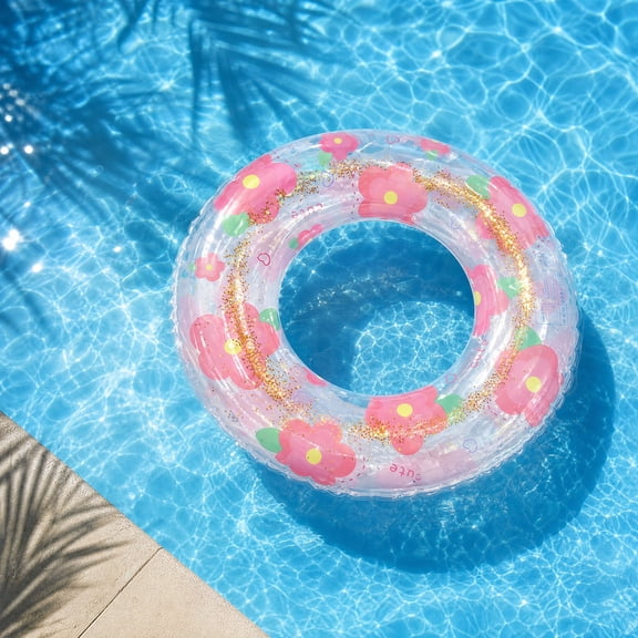 PLPPYFS Floral Glitter Inflatable Swim Ring, Extra Thick Anti-Roll Transparent PVC Pool Float, Daisy & Peach Blossom Print Floating Tube for Adults, Cute Summer Beach Pool Party Photo Float