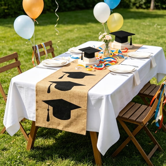 PLPPYFS Graduation Table Runner, Graduation Party Decorations for Table, Congrats Grad Cap Table Runner Cover for Graduation Decorations for Home Kitchen Dining Room Table Decoration (11.8"x47.2")