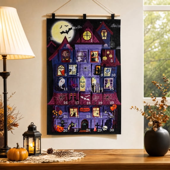 PLPPYFS Halloween Advent Calendar with 30 Pockets, Reusable Countdown Calendar Storage Bag, Fabric Calendar Wall Hanging Bag for Halloween Home Holiday Wall Decoration