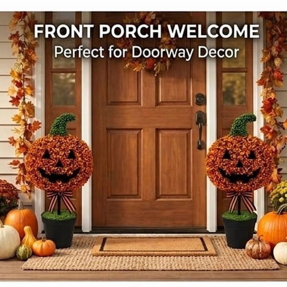 PLPPYFS Halloween Artificial Pumpkin Lantern Topiary Tree Potted Plant, 25.6 inch Fake Pumpkin Face Tree with Strip Bow, Indoor Outdoor Front Porch Thanksgiving Fall Harvest Decor Potted Ornament