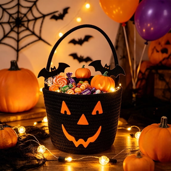 PLPPYFS Halloween Pumpkin Lantern Woven Candy Basket, Candy Storage Bucket with Handle, 4 Color Options, Halloween Party Gift Tote Bag for Indoor Outdoor Holiday Decor
