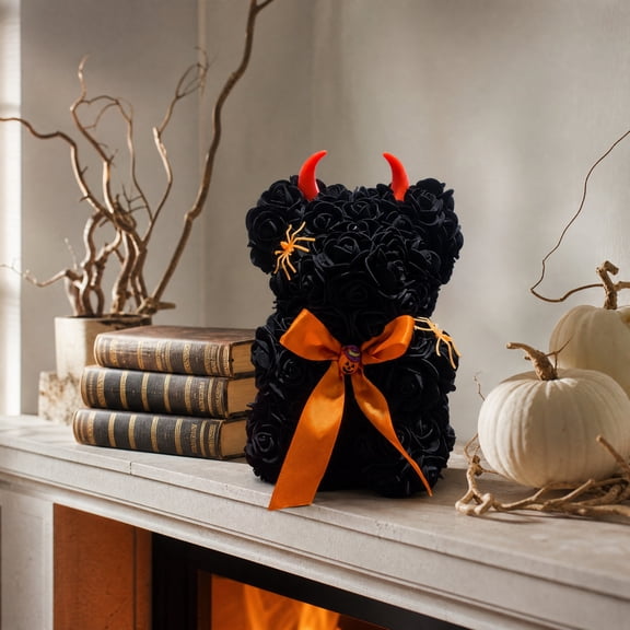 PLPPYFS Halloween Black Rose Teddy Bear Figurine with Orange Bow, Spooky Tabletop Mantel Decor for Bedroom Coffee Bar Halloween Party Holiday Gift for Gothic Lover