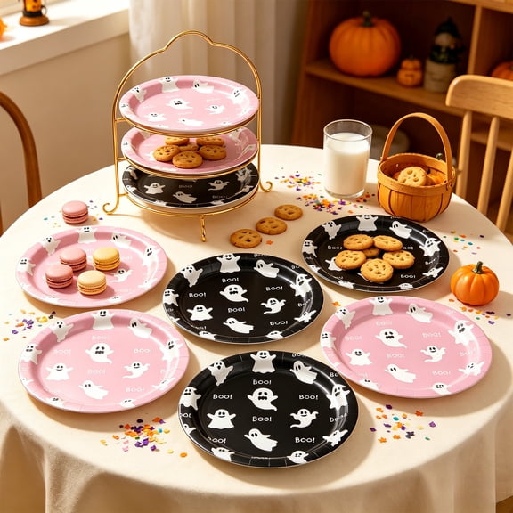 PLPPYFS Halloween Cute Ghost Disposable Paper Plates, 10 Pack Ghost Print Paper Dinner Plates, Thick Food-Safe Disposable Snack Plates for Halloween Party Dessert Table Decor Supplies