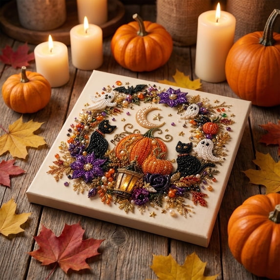PLPPYFS Halloween DIY Pearl Art Kit, Halloween Ghost & Skull Canvas Art Set, Gothic Witch Ghost Pumpkin Pearl Wall Decor, Craft Kits for Adults Home Room Table Art Showcase