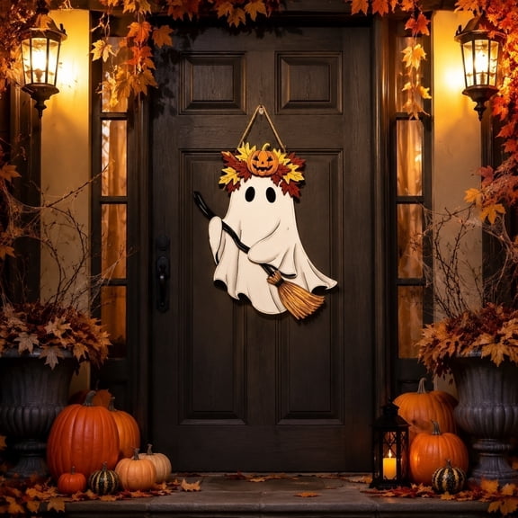 PLPPYFS Halloween Ghost Door Sign Ghost Wooden Door Hanger for Front Doors Hey Boo Welcome Hanging Signs Spooky Ghosts Doors Wreath Sign for Halloween Porch Yard Wall Home Party Decorations