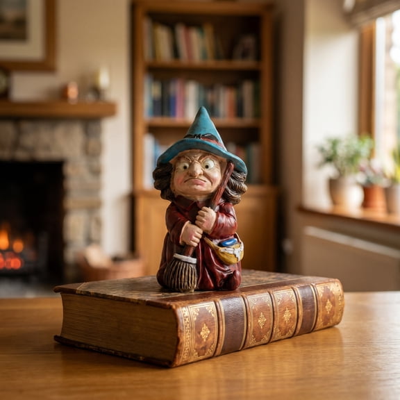 PLPPYFS Halloween Grumpy Witch Statue with Broom & Potion Bag, Vintage Witch Tabletop Figurine, Mini Witch Gnome Ornament for Shelf Mantel Halloween Party Fall Indoor Home Decor Holiday Gift