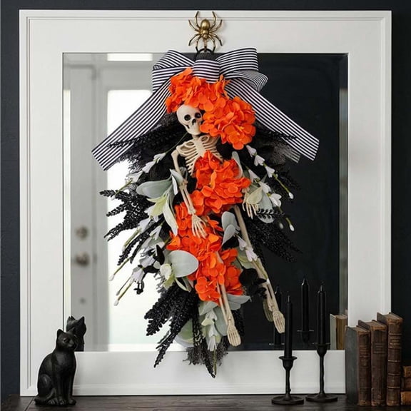 PLPPYFS Halloween Skeleton Wreath for Front Door with Lights, Lighted Gothic Dark Aesthetic Door Wreath with Autumn Leaves Indoor Decorations Centerpiece Party Holiday Wall Home Decor