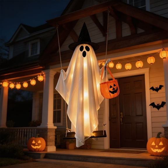 PLPPYFS Hanging Swinging Ghost Halloween Decor, 5FT Large Hanging Ghost Swing with Lights, Spooky Cute Ghosts Decorations for Tree Porch Yard Garden Lawn