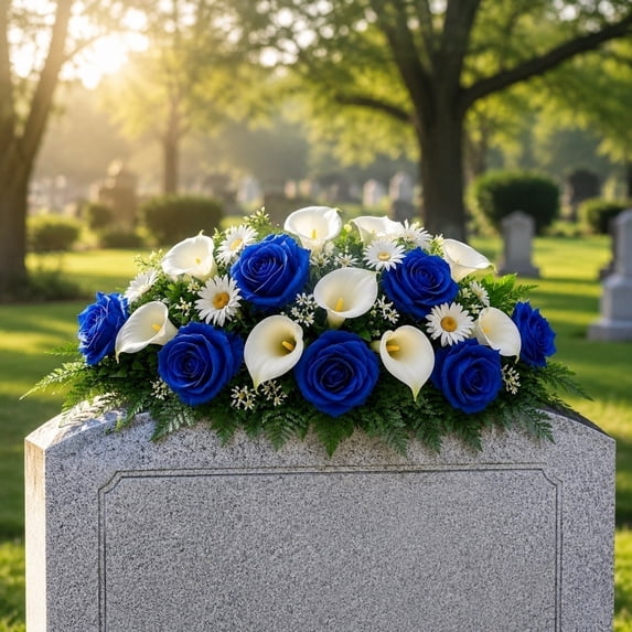 PLPPYFS Headstone Flower Saddle Arrangements - Artificial Cemetery Flowers Silk Funeral Memorial Day Sympathy Floral for Outdoor Gravestone Decorations, Memorial Gift for Loved One