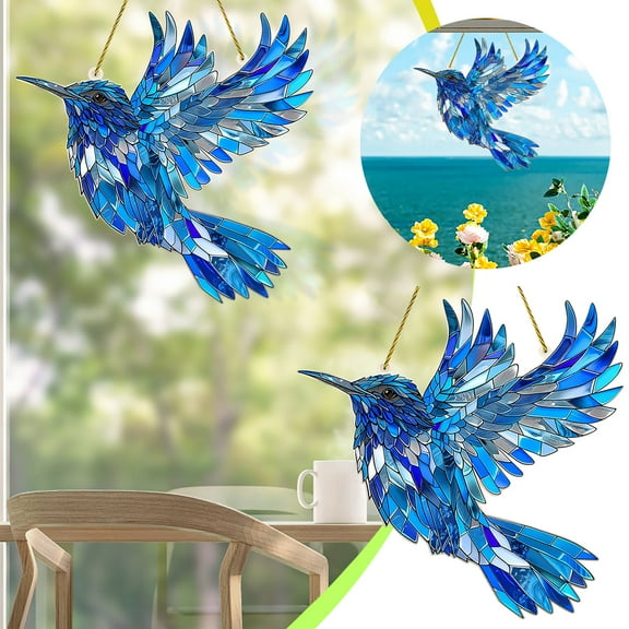 PLPPYFS Hummingbird Acrylic Stained Glass Window Hanging, Birds On Branch Stained Hanging Decor, Bird Series Art Ornaments Pendant Hanging for Windows or Doors Home Decorations, Gifts for Bird Lovers