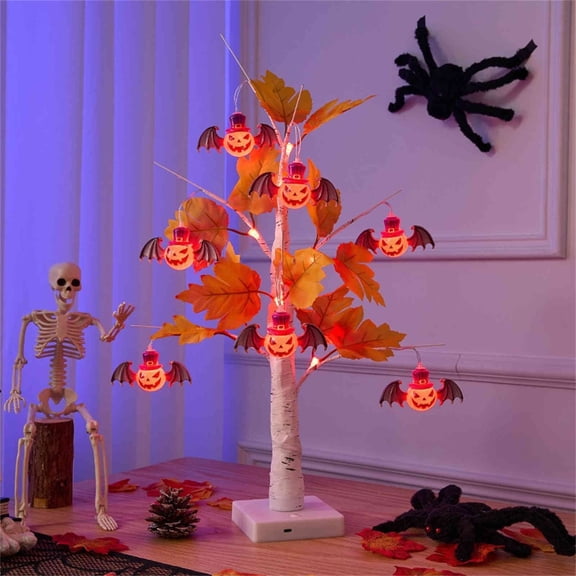 PLPPYFS Lighted Halloween Christmas Fall Tree Decorations Indoor, 2ft White Birch Tree with LED Lights, Small Tabletop Christmas tree with lights, Warm White USB/Battery - Powered Fairy Light Spirit