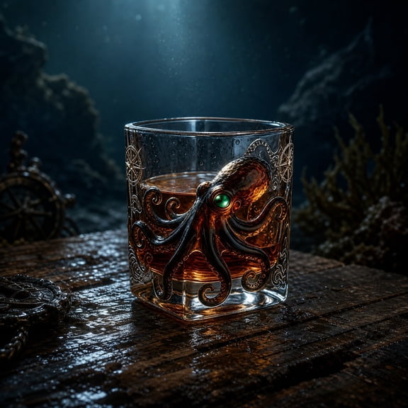 PLPPYFS Octopus Embossed Whiskey Glass, Nautical Sea Themed Lead-Free Crystal Old Fashioned Rocks Tumbler for Bourbon Cocktails, Unique Bar Gift for Men