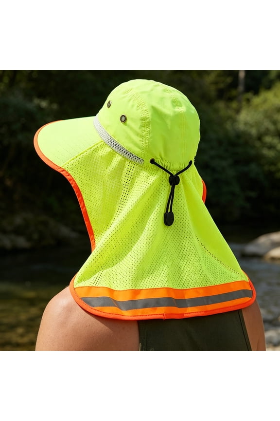 Outdoor Reflective Sun Hat for Sanitation Workers, Wide Brim Neck Flap UV Protection Cooling Mesh Work Cap, Quick Dry Breathable Safety Sun Hat for Construction Landscaping