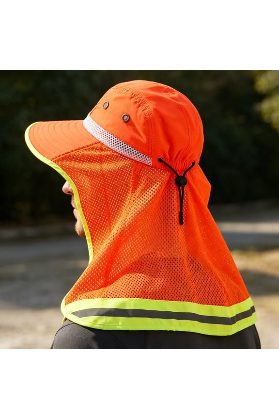 Outdoor Reflective Sun Hat for Sanitation Workers, Wide Brim Neck Flap UV Protection Cooling Mesh Work Cap, Quick Dry Breathable Safety Sun Hat for Construction Landscaping