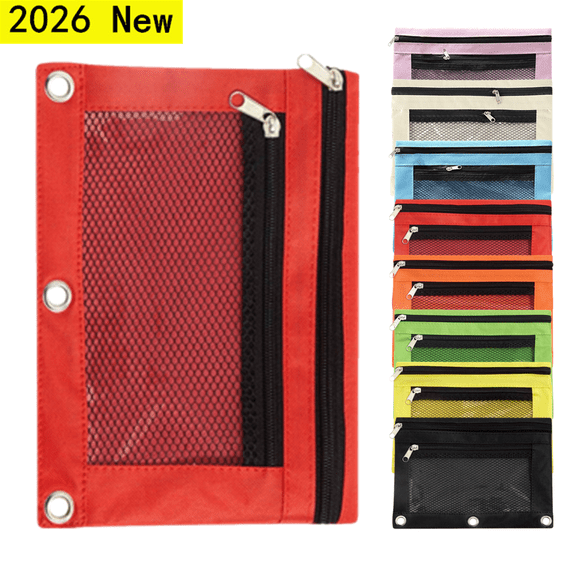 PLPPYFS Pencil Pouch for 3 Ring Binder, Bulk 1 Pack 3 Hole Zipper Pencil Pouches with Mesh Window, Pencils Bags in Assorted Colors, Sturdy and Durable Cloth Pencils Case for Home Office Supplies