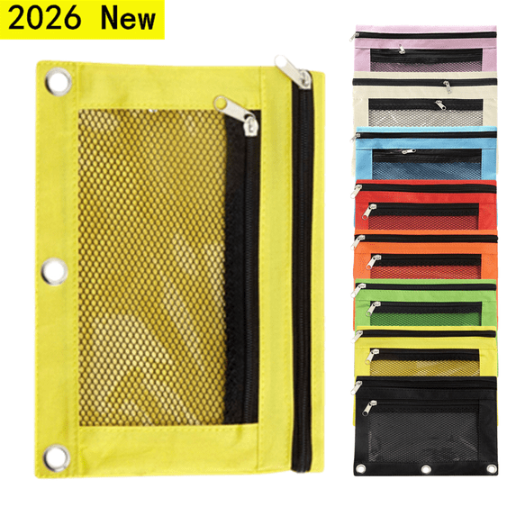 PLPPYFS Pencil Pouch for 3 Ring Binder, Bulk 1 Pack 3 Hole Zipper Pencil Pouches with Mesh Window, Pencils Bags in Assorted Colors, Sturdy and Durable Cloth Pencils Case for Home Office Supplies