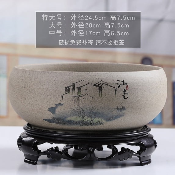 PLPPYFS Plants Flower Bowl, Water Lily Pot, Chinese Style Ceramic Lotus Planter, Round Ceramic Hydroponic with Plastic Base, Classic Pottery Container for Indoor Plant Storage Decorative Home Office