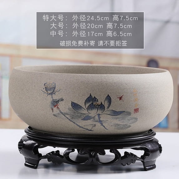 PLPPYFS Plants Flower Bowl, Water Lily Pot, Chinese Style Ceramic Lotus Planter, Round Ceramic Hydroponic with Plastic Base, Classic Pottery Container for Indoor Plant Storage Decorative Home Office