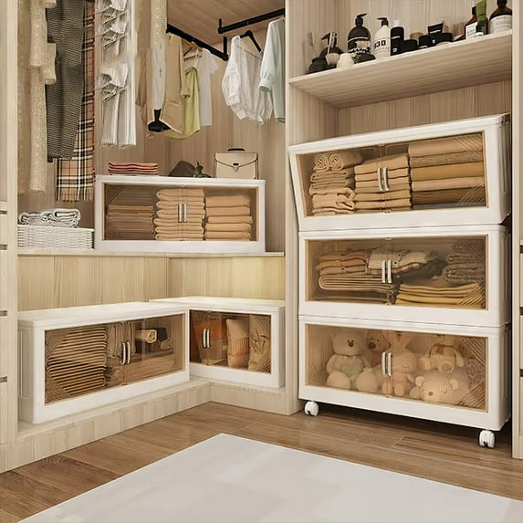 PLPPYFS Plastic Storage Bins with Lid, Doors & Wheels, 3Pack Extra Large Stackable Collapsible Storage Bins, Closet Organizers and Storage Drawer, Foldable Cabinets for Home Office, White