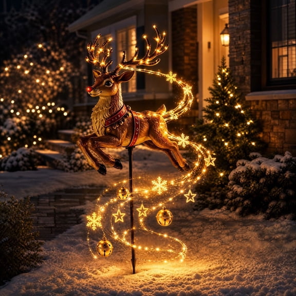 PLPPYFS Reindeer Magic Fountain, Flowing Snowflake LED Christmas Garden Light, Waterproof Solar Powered Reindeer Yard Decor for Lawn, Garden, Porch, Walkway & Holiday Outdoor Decoration