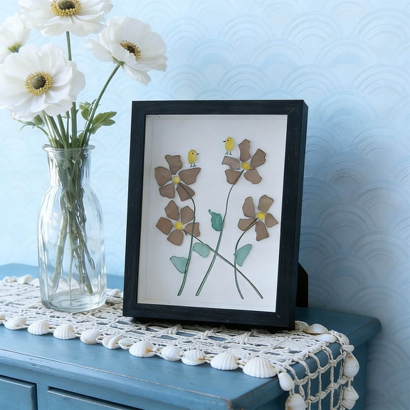 PLPPYFS Sea Glass Flower Bird Desktop Decor, Office Desk Picture Frame, Standing Art Picture Frames For Study, Nightstand And Beach House, Decorative Frame With Sea Glass Art For Collectors And Gift